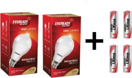 Eveready 12W LED Bulb Pack of 2 with Free 4 Batteries  (White, Pack of 2)