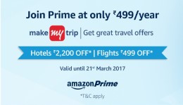 Get Amazon Prime subscription today and Get Free Rs. 2200 MakeMyTrip Hotel Booking 