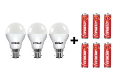 Eveready B22 Base 9-Watt LED Bulb (Pack of 3, Cool Day Light) with Free 6  batteries
