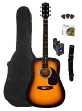 Fender Squier SA-105 Acoustic Guitar, Sunburst, with Gig Bag, Tuner, Strap, Stand and Picks