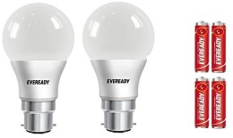 Eveready B22 Base 9-Watt LED Bulb (Pack of 2, Cool Day Light) with Free 4 1015 AA carbon zinc batteries