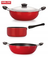 Nirlon Non-Stick Aluminium Cookware Set, 3-Pieces, Red (2.6mm_KD13_DKDB_SPM_3)