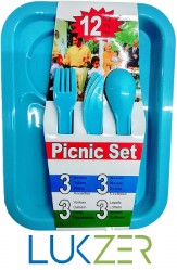 LUKZER 12 Pcs All in One Picnic Travel Plastic Dinner Set (3 Rectangular Plates,3 Forks,3 Spoons,3 Knives)