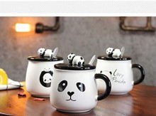 Satyam Kraft (Pack of 3) Panda Ceramic Mug with Ceramic Lid and Spoon for Diwali Gift,Christmas Gift,gift-300 ML (3 Pcs Panda)