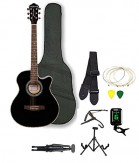 Kadence Frontier Series,Black Acoustic Guitar Super Combo Foldable Guitar Stand,Tuner,Capo,Bag,Strap,Strings And 3 Picks