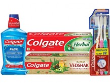 Colgate Herbal Toothpaste - 200 g with Swarna Vedshakti Toothpaste - 200 g and Plax Peppermint Mouthwash - 250ml with Free Slim Soft Toothbrush