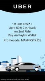 Free 1st Ride & 50% Cashback on 2nd ride on Uber via Paytm Wallet