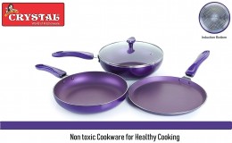 Crystal Vivid Aluminium Induction Base Non-Stick Cookware Set, 3-Pieces, Purple