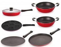 [Apply coupon] Nirlon Non-Stick Aluminium Cookware Utencils Set with 1 Lid, 6-Pieces, Red & Black