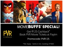 Rs. 125 cashback on PVR Cinemas Movie tickets of Rs. 600 at Paytm