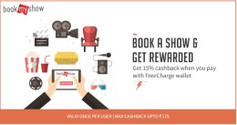 Get 15% cashback upto Rs.175 from by via payment FreeCharge on Book My Show 