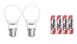 Eveready 7-Watt LED Bulb Pack of 2 + Free 4pc AAA Alkaline Batteries Rs. 219 at Amazon