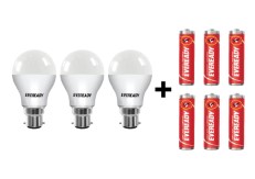 Eveready Base B22 7-Watt LED Bulb (Pack of 3) with Free 3 AA Batteries at Amazon