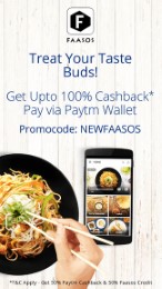 Faasos 100% cashback upto Rs. 150 with PayTm Wallet