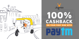 Get 100% cashback  up to Rs 50 on the first ride  Jugnoo  paid using Paytm.