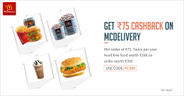 McDonalds McDelivery Get flat Rs.75 cashback when you pay with Freecharge + Free Food worth Rs.298 on Rs.350 with freecharge wallet – McDonalds