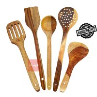 Parage Handmade Wooden Non-Stick Serving and Cooking Spoon Kitchen Tools, Set of 5, Brown