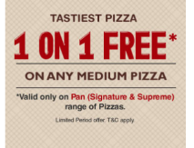 Get Buy 1 Get 1 free offer on  pizzas at Pizza hut ( Bogo offer )