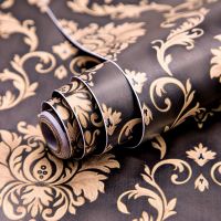 Wolpin Wall Stickers DIY Wallpaper (45 x 500 cm) Black Damask Luxury Self Adhesive Decals Living Room Bedroom Decoration, Black