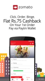 Get Flat Rs.75 cashback when you pay via Paytm Wallet at Zomato