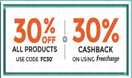Full 30% off + 30% Freecharge Cashback on all Products at Zoomin