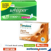 Whisper Ultra Clean XL Wings 30 pads Rs.250, Himalaya Almond & Rose Soap 125gm, Pack of 4 Rs.88 + 1% Cashback at Zotezo